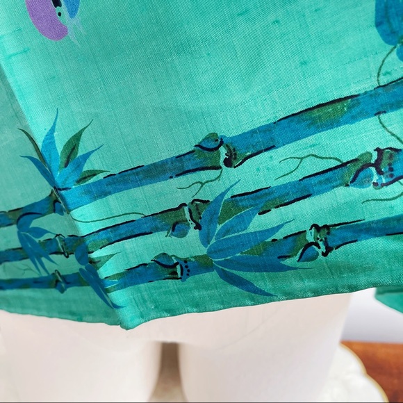 Green Blue Thai Silk Scarf 35” Floral Bird Bamboo - Picture 3 of 12
